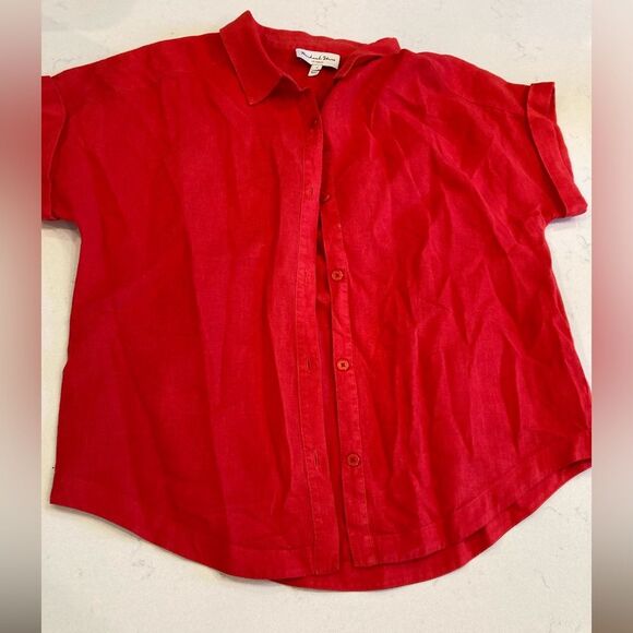 Michael Stars 100% Linen Charlie Button Down Short Sleeve Shirt Cherry Red Med - Picture 4 of 8